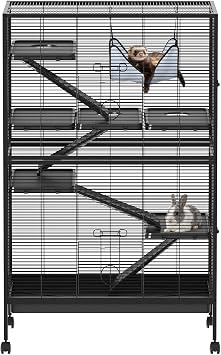 Ferret Cage, 59" H Large Ferret Nation Cage with 5 Removable Ramps, Hammock, Metal Small Animal Cages On Wheels for Chinchillas, Guinea Pigs, Rabbit, Sugar Glider Black 50" H