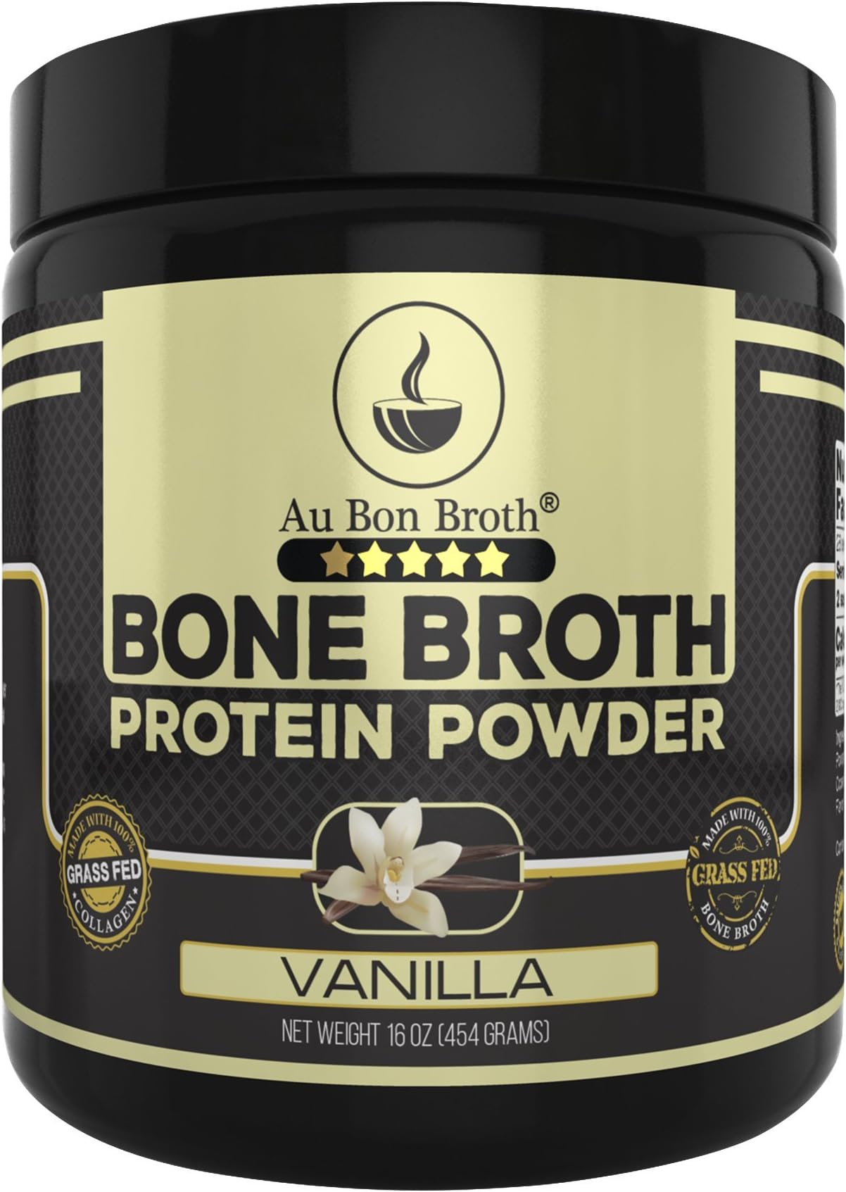 Genuine Grass Fed Organic Bone Broth Protein Powder Collagen 16oz. Vanilla Flavor 28 Servings, Mixes Instantly, Gluten Free, Pasture Raised, 100% Sourced, Made in USA, NOT from Concentrate