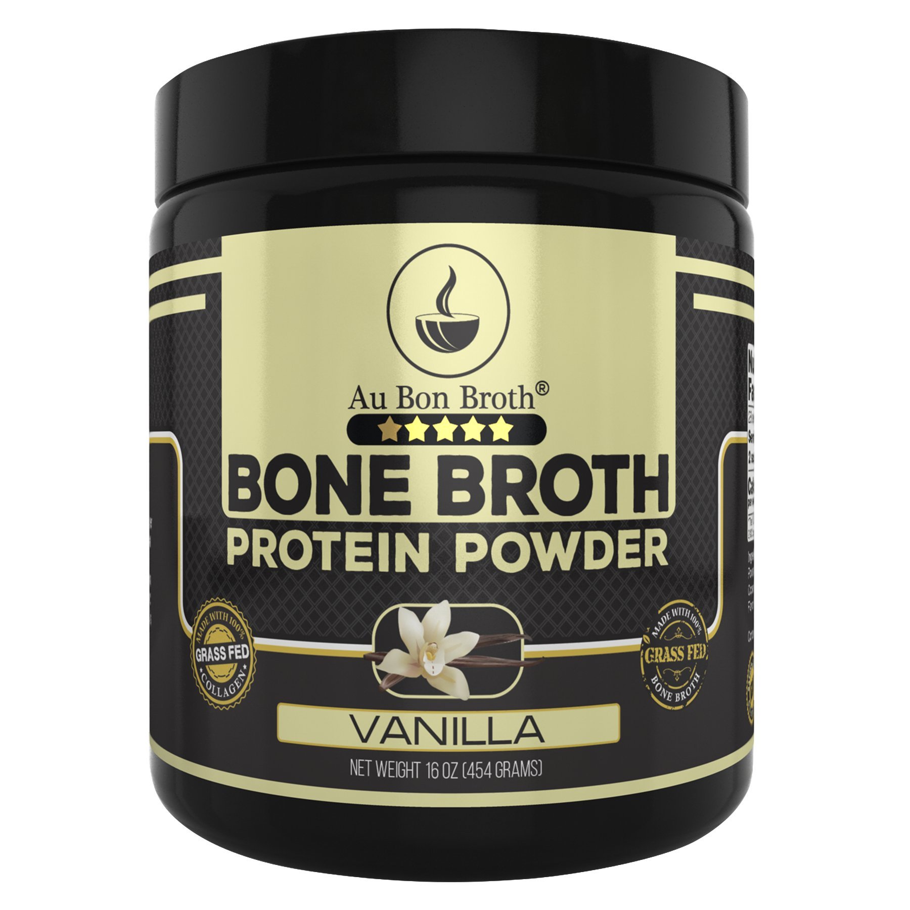 Genuine Grass Fed Organic Bone Broth Protein Powder Collagen 16oz. Vanilla Flavor 28 Servings, Mixes Instantly, Gluten Free, Pasture Raised, 100% Sourced, Made in USA, NOT from Concentrate