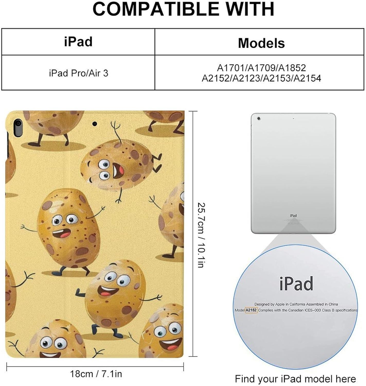 Cartoon Potato Printed Case Trifold Stand Protective Cover Compatible with ipad Pro/ipad Air3(10.5in)