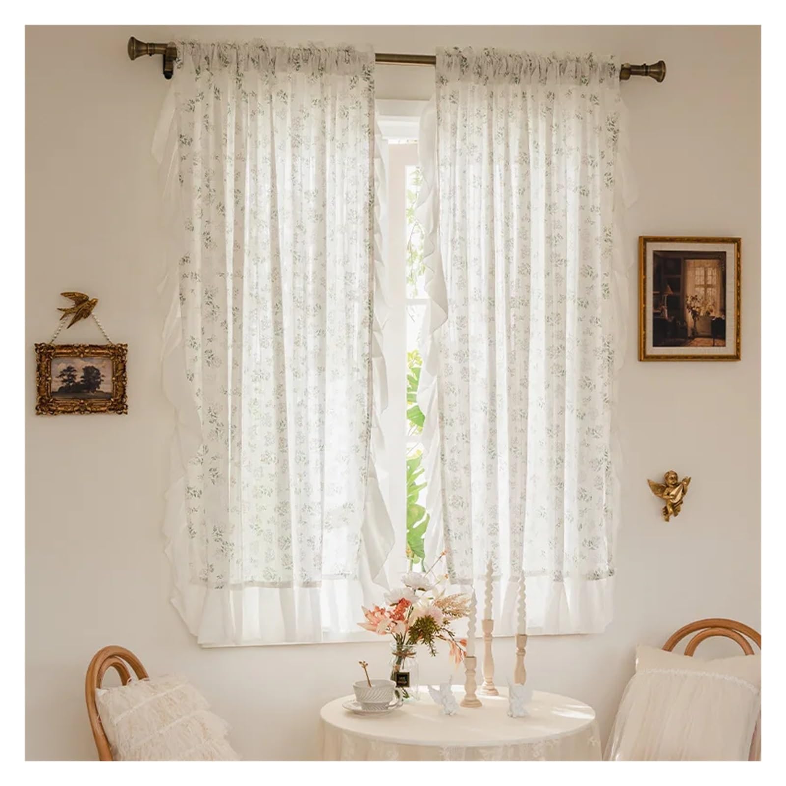 DFGRGRV Ruffle Curtains Daisy Curtains, Ruffle Trim Translucent, Floral Farmhouse Window for Kitchen Dining Living Room, 1panel(1 panel B,W150xH200cm)