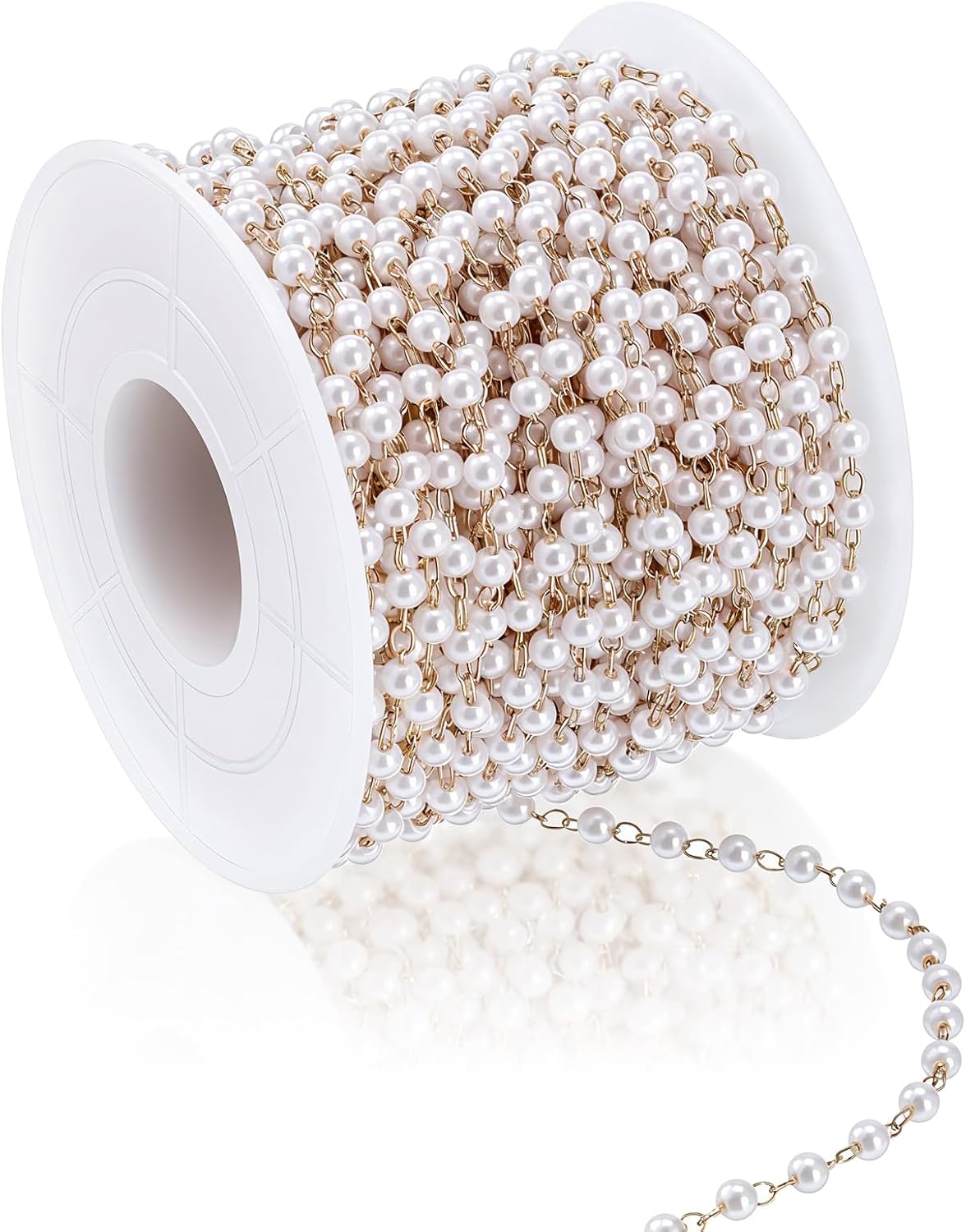 49 Feet Pearl Beaded Chains Golden Brass Cable Chains with 3mm Faux Pearl Bead Jewelry Chain Gold Plated Chain for DIY Necklace Purse Jewelry Making