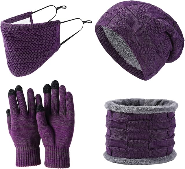 Ommda Women Men's 4 in 1 Soft Stretch Knitted Skull Cap Scarf Gloves Face Mask Set, Thick Warm Fleece Lined Knit Beanie Hat and Circle Scarf, Touch Screen Gloves, Unisex Winter Set