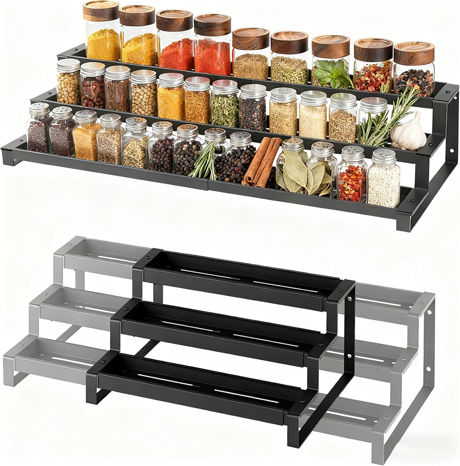 Duduya Black 3 Tier Expandable Spice Rack (14.5"-26") Spice Organizer For Cupboard, Wall Mountable Seasoning Rack,Spice Jars Rack For Kitchen, Pantry, Bathroom, Countertop