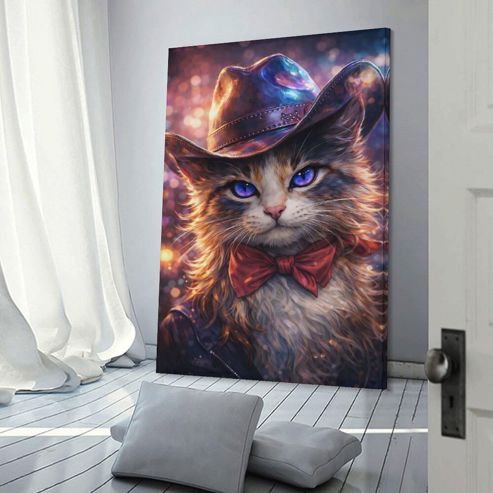 Junmoney Frame-Style-6 Canvas Art Print Cat In Cowboy Hat With Bow Tie, 24X36inch(60X90cm), For Contemporary Homes, Apartments Or Offices, Decorative Canvas Decor For Home Updates
