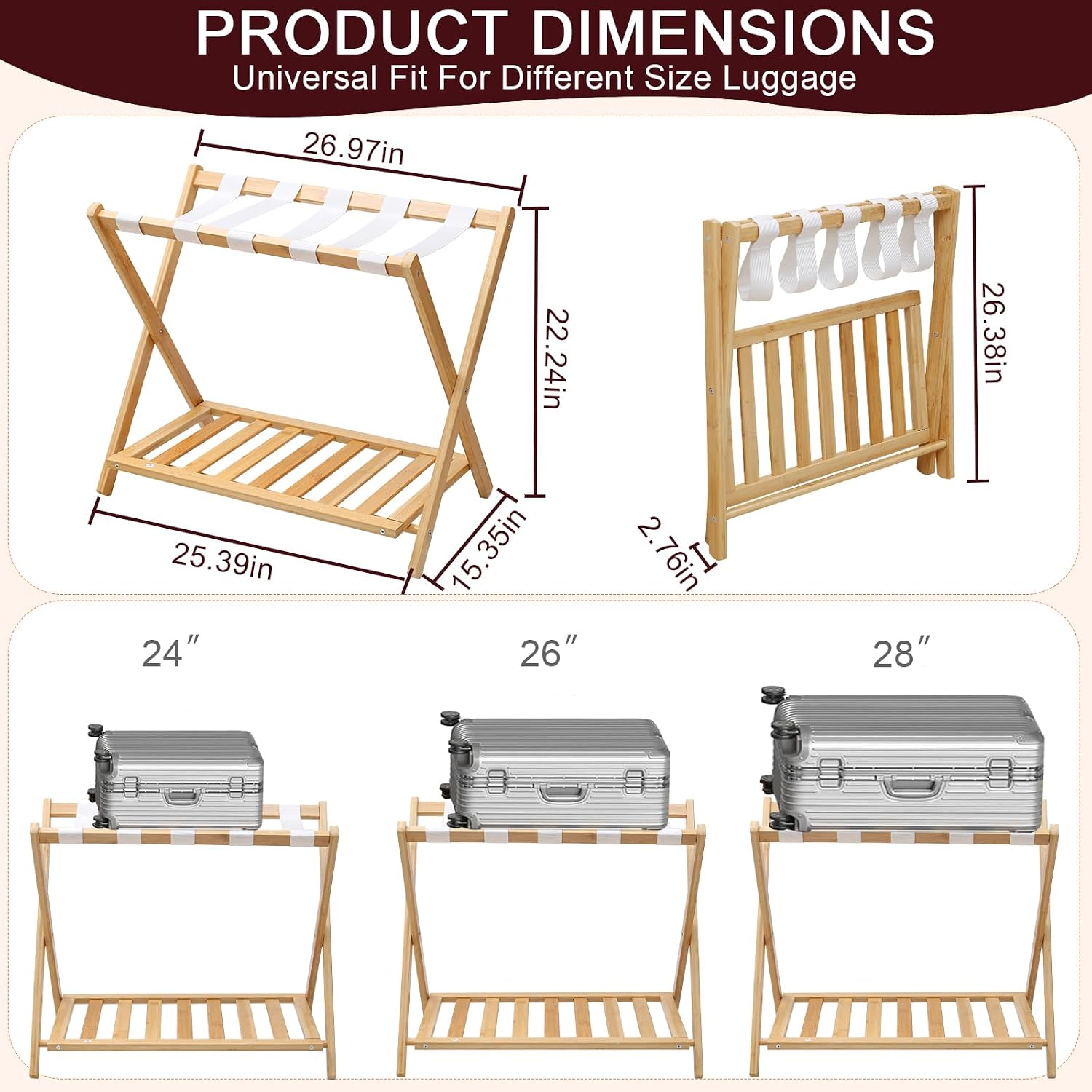 Bamboo Folding Luggage Rack 2-Tier Suitcase Stand with Storage Shelf Heavy Duty Foldable Luggage Holder for Guest Room Hotel Bedroom No Assembly Required.