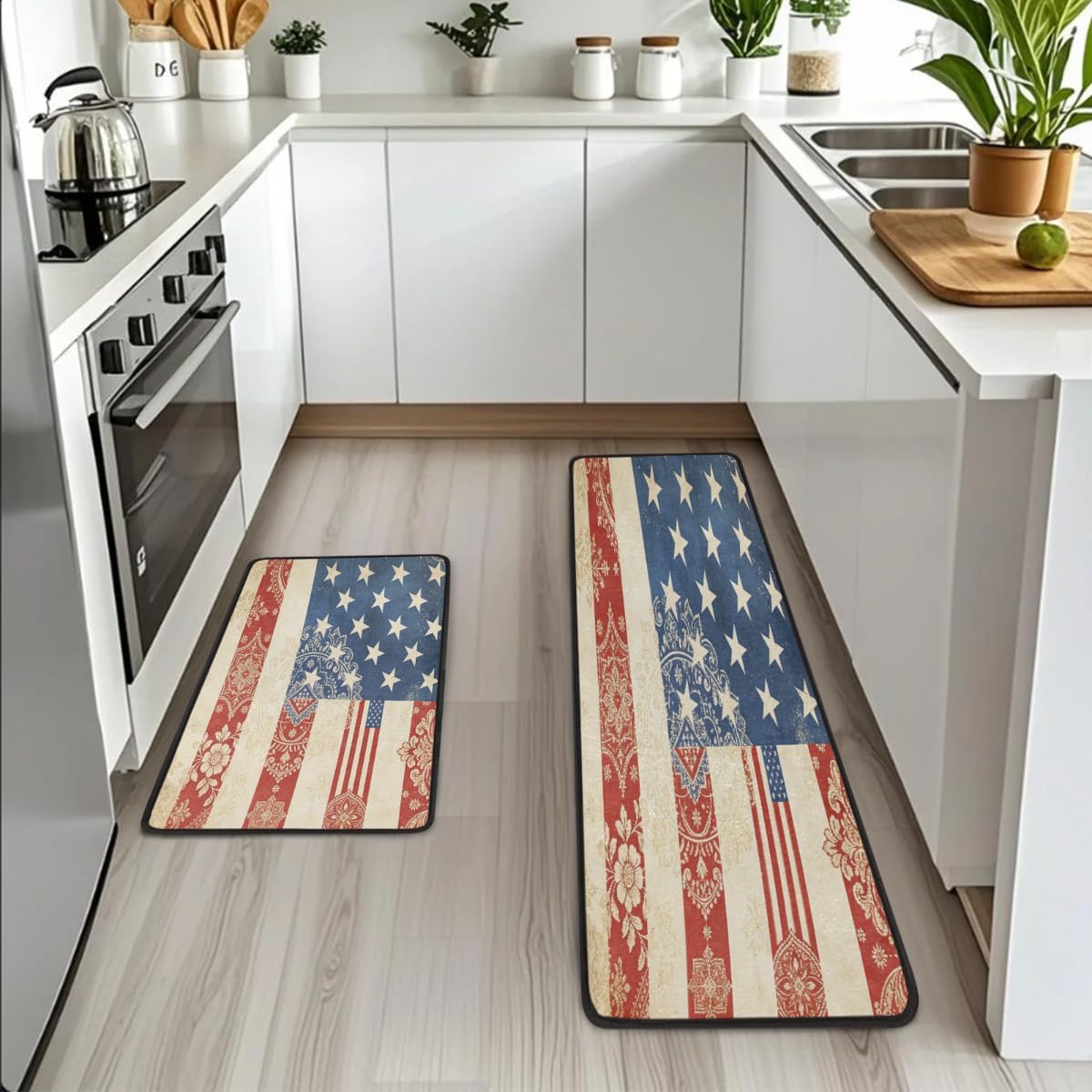 Anti Fatigue Mandala USA Flag Kitchen Mats for Floor 2 Piece Set, Waterproof Non Slip Boho Kitchen Floor Rugs, Comfort Standing Mat for Sink Laundry & Home Kitchen 17"x47"+17"x29"
