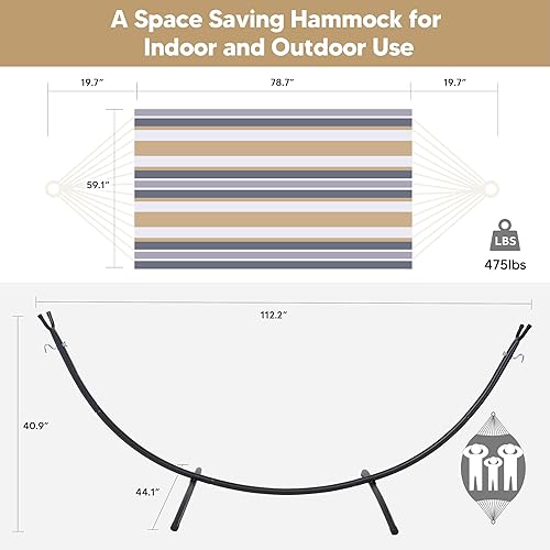 Miniatura 5 de SUNCREAT Hamaca para 2 personas con soporte, hamaca de pie resistente con soporte incluido, rayas de café