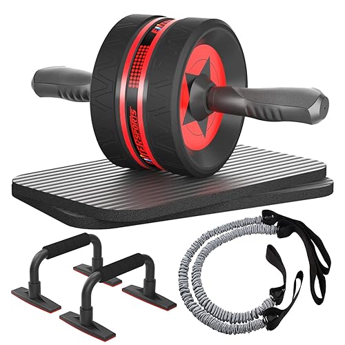 EnterSports Bauchroller, 6-in-1 Bauchtrainer mit Fitnessband, Liegestütze, Kniematte, Fitness Geräte Bauchmuskeltrainer ab wheel set, ideal für Männer und Frauen zu Hause zu trainieren - Rot