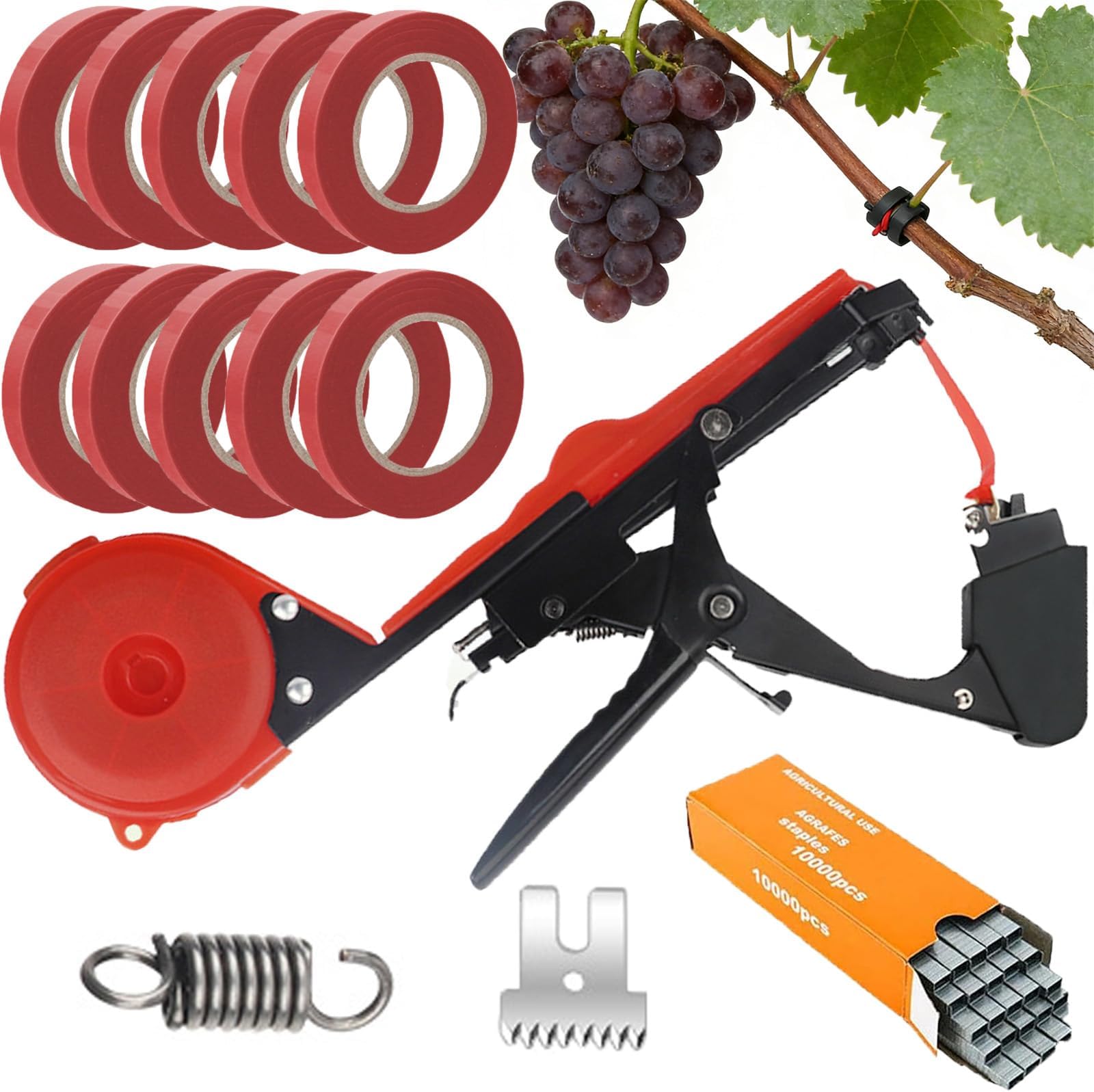 Plant Tying Machine Tool & 10 Rolls Tape Set - Tapener For Quick Vine, Tomato, Pepper, Cucumber Support - Hand Tool For Gardeners, Farmers, Home Gardening red