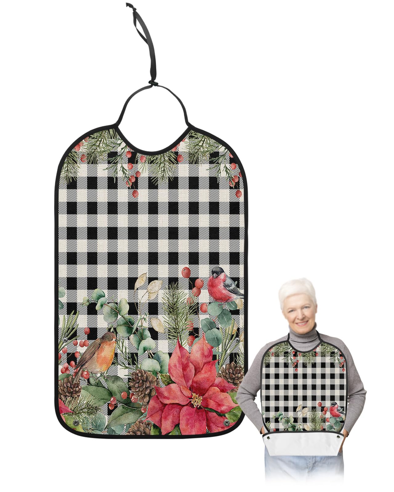 Christmas Adult Bib for Eating with Crumb Catcher,Washable & Waterproof Terry Cloth Adjustable Elderly Women Men Adult Bibs Funny Apron Clothing Protector Retro Black Plaid Christmas Poinsettia Pine