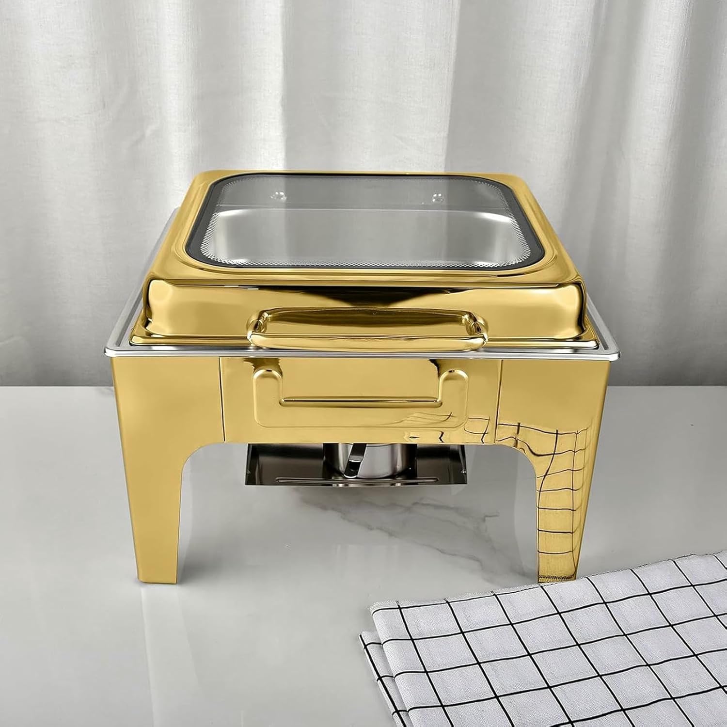 Gold Stainless Steel Buffet Stove of 6.8 L, Square Heating, Heat Preservation Stove, Rubbing Plate, Hydraulic Glass Cover, Buffet Stove, Suitable for Hote