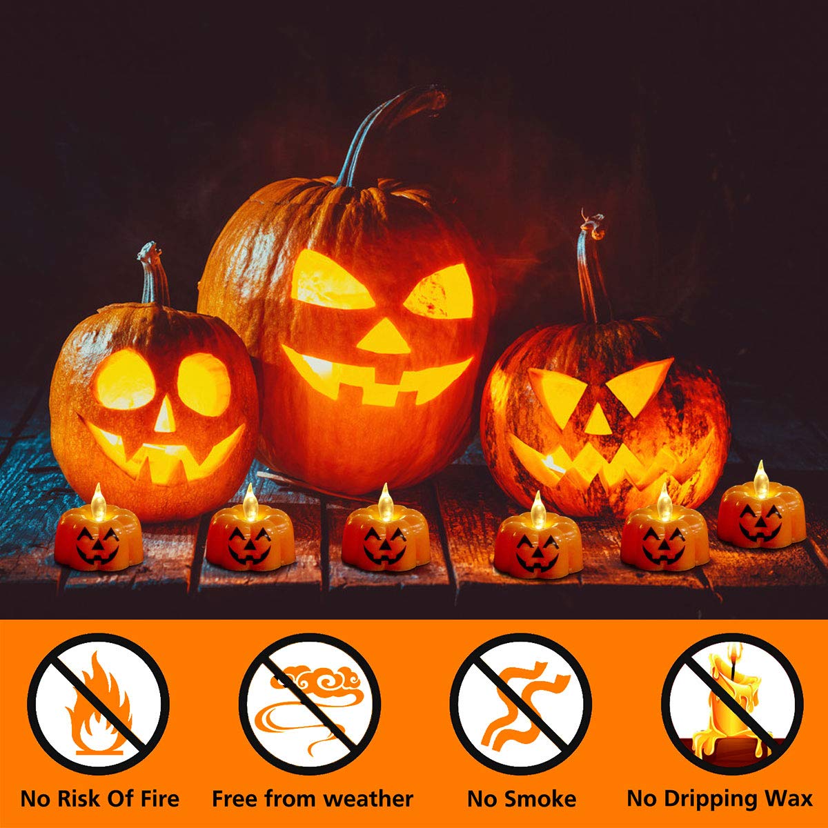12 LED Kerzen Halloween Set – Flackernde Kürbis-Teelichter, Batteriebetrieben & Flammenlos