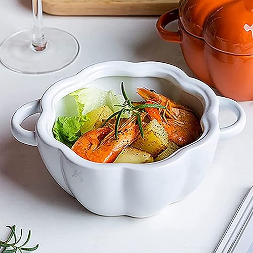 Miniatura 4 de FYUEROPA Tazón de calabaza de cerámica, cacerola individual, cuenco para hornear para horno con tapa, 14 onzas, juego de 2 (blanco)