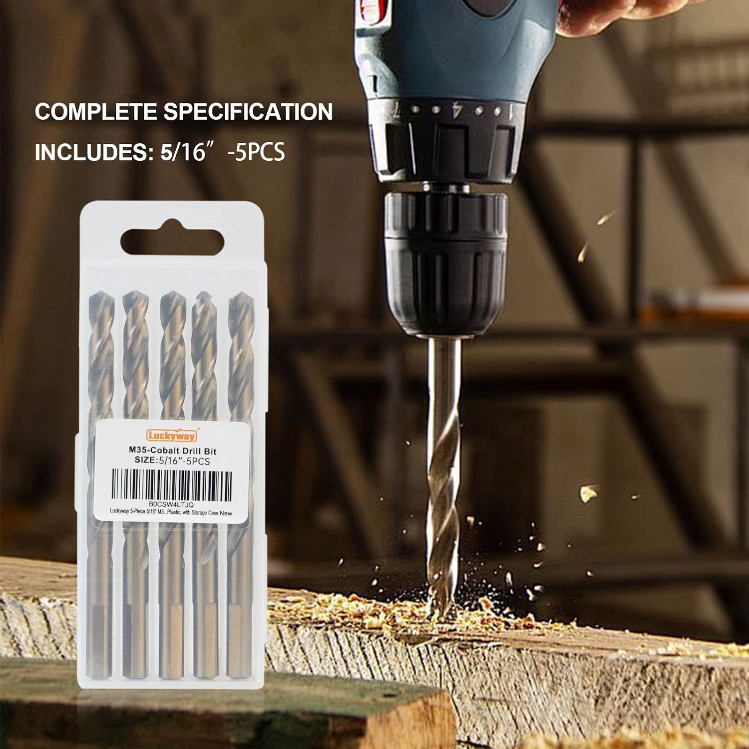 Luckyway 5/16 Inch Cobalt Drill Bits (5 Pack), M35 HSS 5/16" Metal Drill Bit Titanium Coated for Hard Metal, Stainless Steel, Cast Iron, Wood and Plastic, with Storage Case