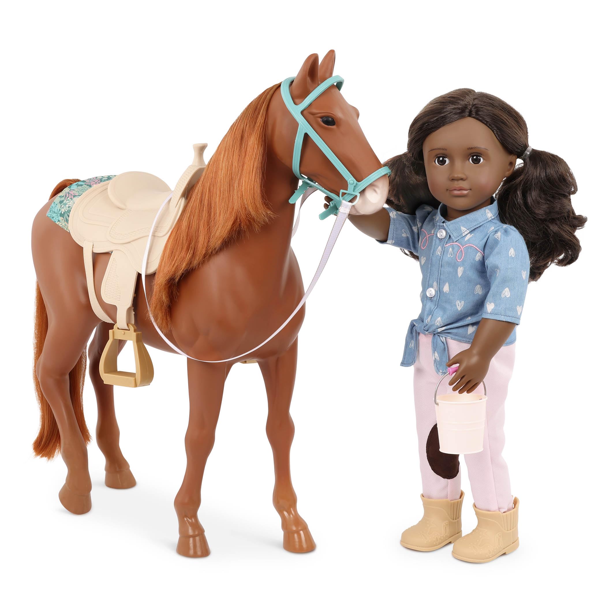 Our Generation - Caballo de Juguete de 20 Pulgadas - Piezas de sillín y Aseo - Accesorios de muñeca de 18 Pulgadas - Juego de simulación - Juguetes para niños de 3 años en adelante - Caballo de Raza