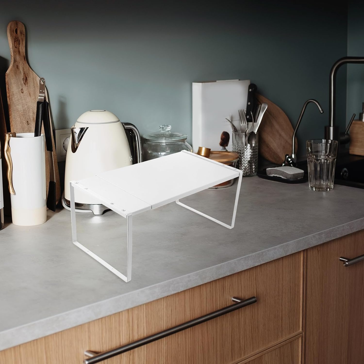 Expandable Large White Kitchen Spice Rack, Single-layer Iron Countertop Organizer with Screw Fixing for Cabinet Storage, Wear-resistant Spice Stand for Kitchen and Pantry