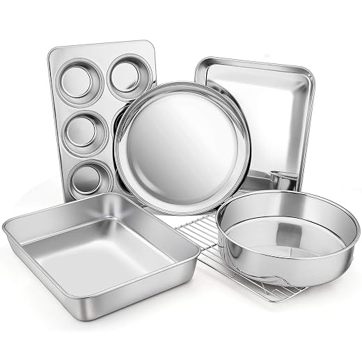 Toaster Oven Bakeware Set, E-far 6-Piece Stainless Steel Small Baking Pan Set, Include Cake Brownie Pan/Cookie Sheet with Rack/Muffin Tin/Pizza Pan, Non-Toxic & Healthy, Easy Clean & Dishwasher Safe