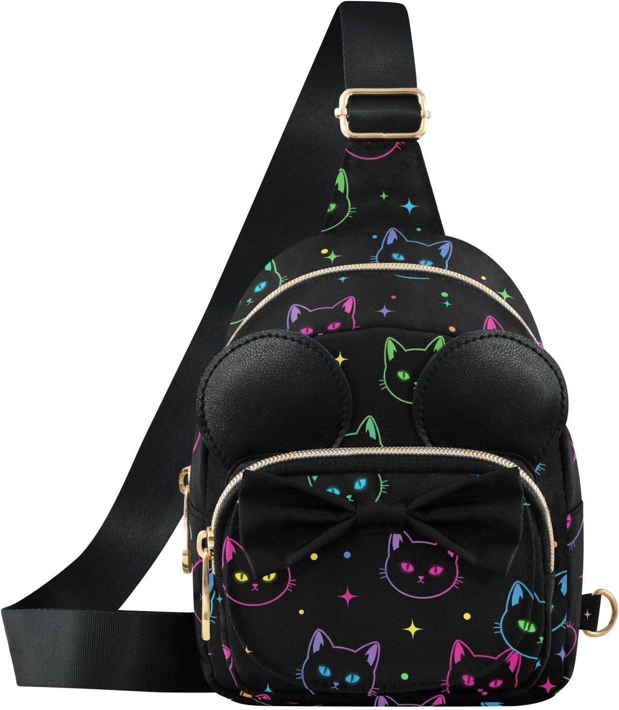 Sinestour Neon Cats Kids Sling Bag for Girls, 7.5x3.1x5.7In | Crossbody Fanny Pack, Toddler Purse, Cute Sling Belt Bag with Ears, 2L Small Shoulder Chest Bag for Travel