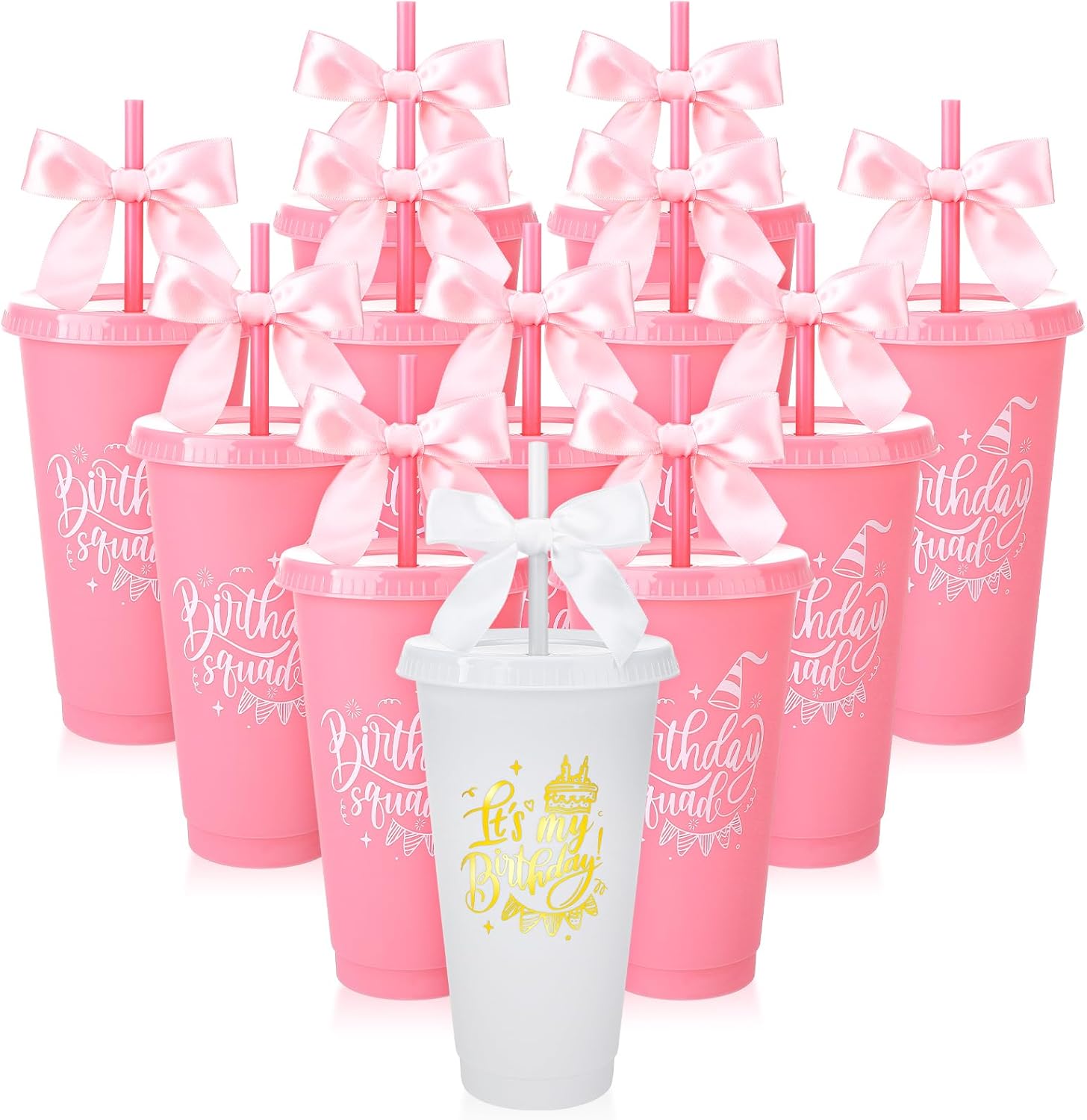 12 Pcs Birthday Party Tumblers, 24 oz Reusable Plastic Cups with Lids and Straws an...