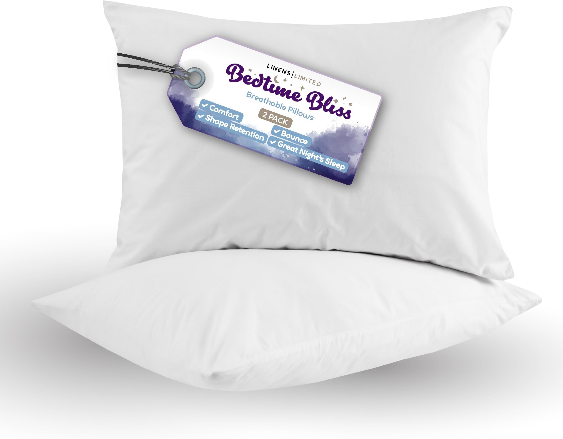 Linens Limited - Soft Pillows 2 Pack, Made in the UK, Bedtime Bliss, Soft and Firm with Orthopedic Support, Non-Allergenic Hollowfibre, Machine Washable (White)