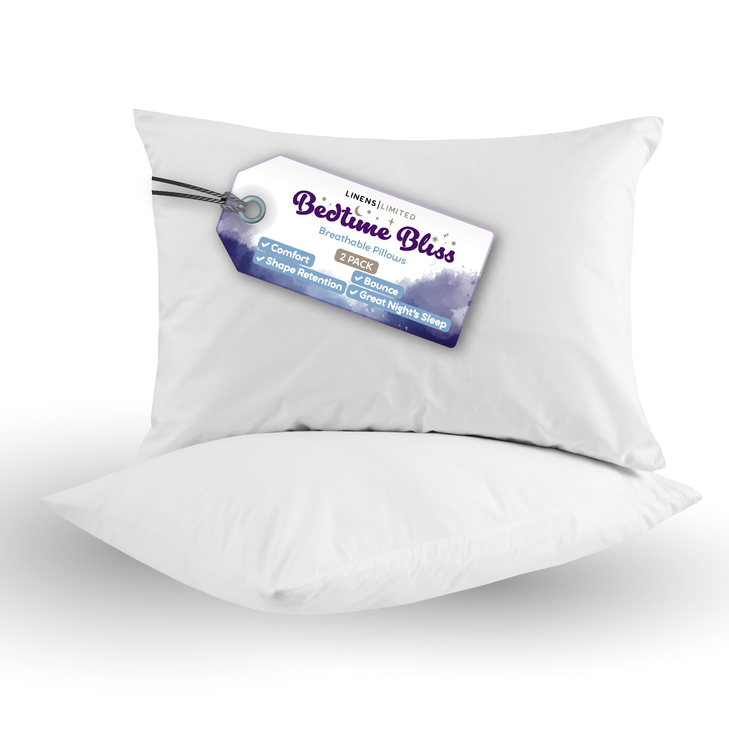 Linens Limited White - Soft Pillows 2 Pack, Made In The Uk, Bedtime Bliss, Soft And Firm With Orthopedic Support, Non-Allergenic Hollowfibre, Machine Washable (White)