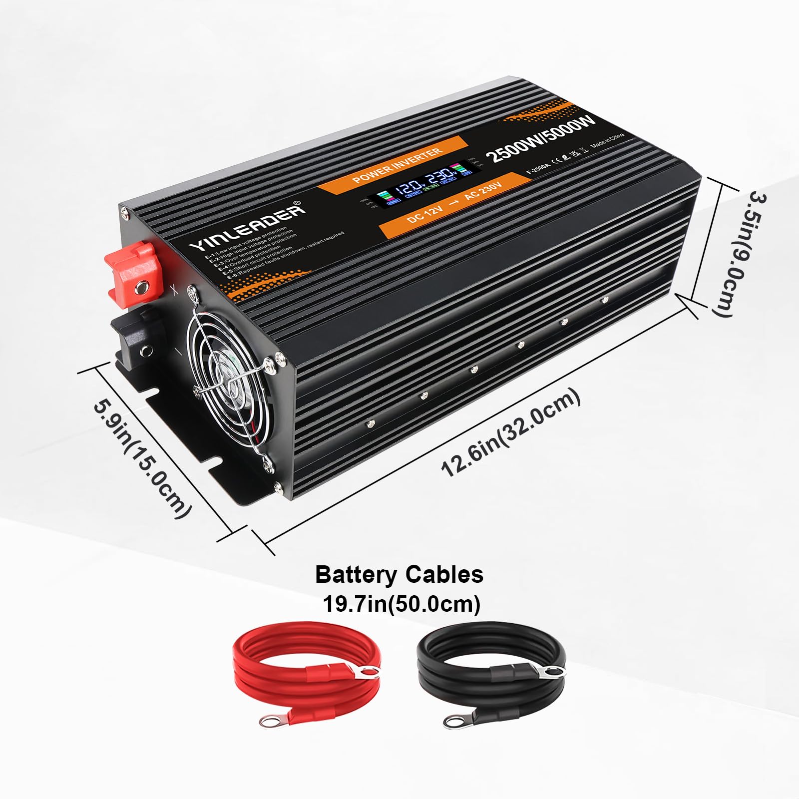 Yinleader Inversor 12V 230V 2500W Convertidor Pantalla LCD 2 Enchufes AC para Panel Solar Coche RV