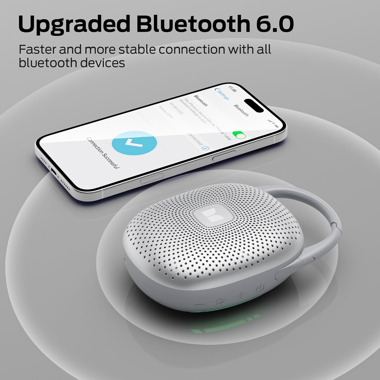 Monster S370 Ultra-Portable Bluetooth Speaker with Integrated Carabiner Clip, IPX7 Waterproof, 29H Playtime, Bluetooth 6.0, TWS Pair Clip-On Speaker for Outdoor, Hiking, Beach, Shower & Travel, Grey