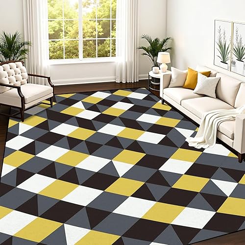 Alfombra abstracta retro con formas geométricas coloridas, amarillo, gris, negro y blanco, alfombra de juego para exteriores, alfombra de juego disponible en Yaxa Colombia