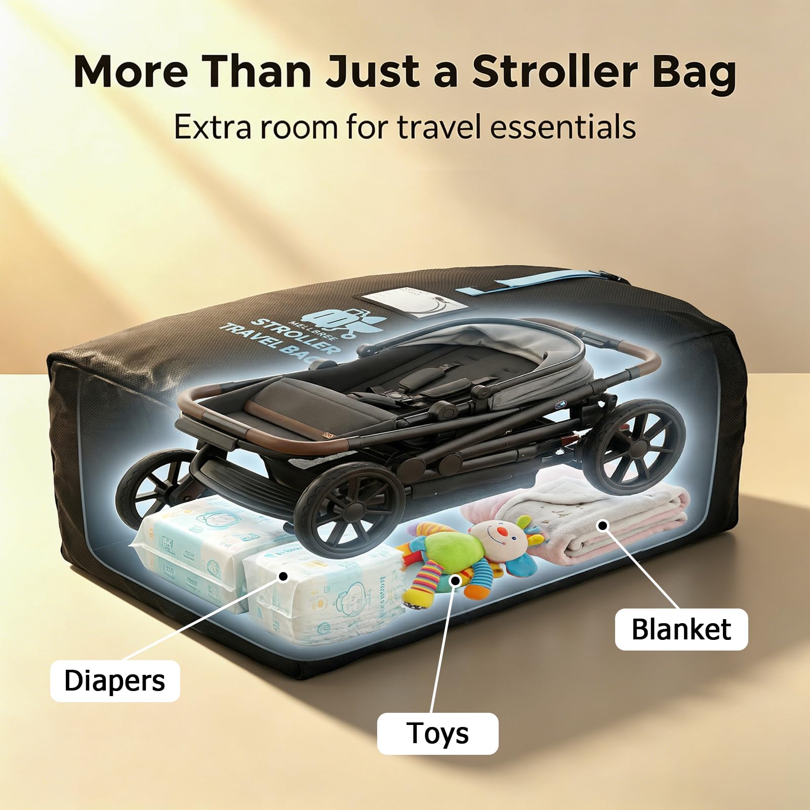 Mellbree – Sac de poussette XL pour avion, super grand sac de voyage pour poussette, sac de voyage pour portail, imperméable et résistant aux déchirures, en tissu Oxford nid d'abeille, s'adapte à la