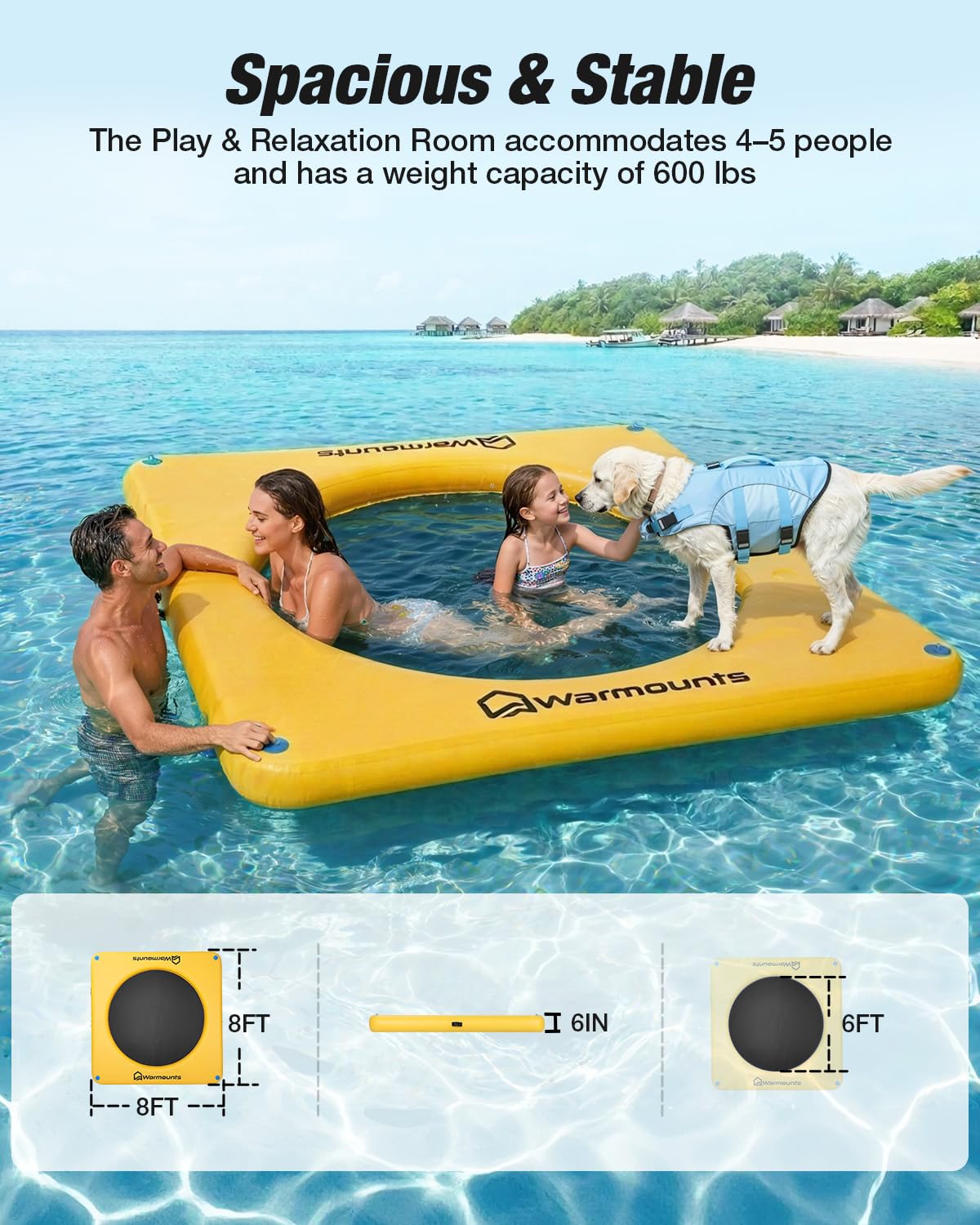 WARMOUNTS Aufblasbare Schwimminsel Wasserhängematte mit Netzmitte, rutschfeste Schwimmmatte Badeplattform für See Pool Meer, Schwimmplattform für Erwachsene Hunde, inkl. Pumpe Tasche Seil