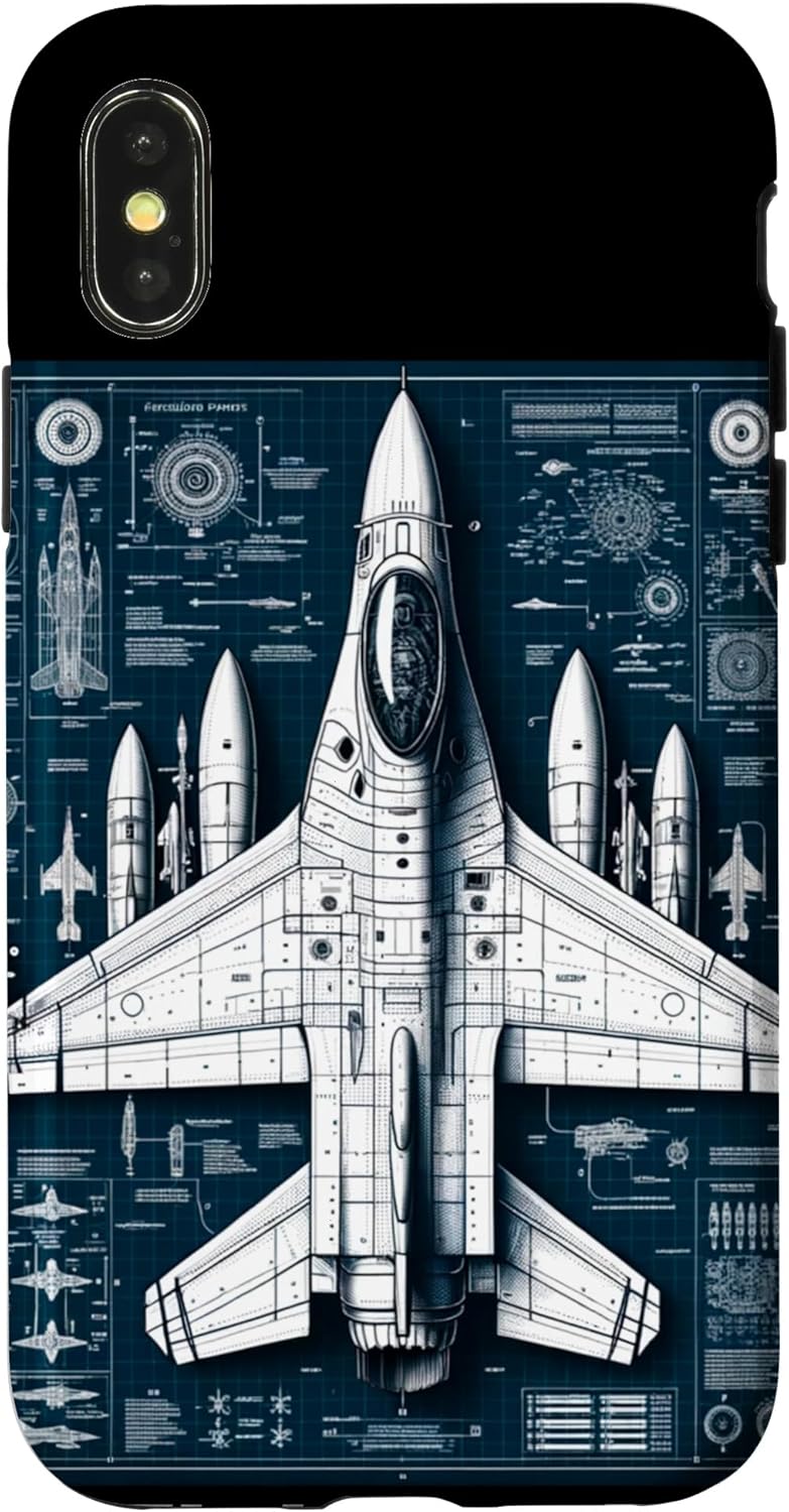 F16 Falcon Fighter Jet Blueprint and Technical Specs Case for iPhone 15