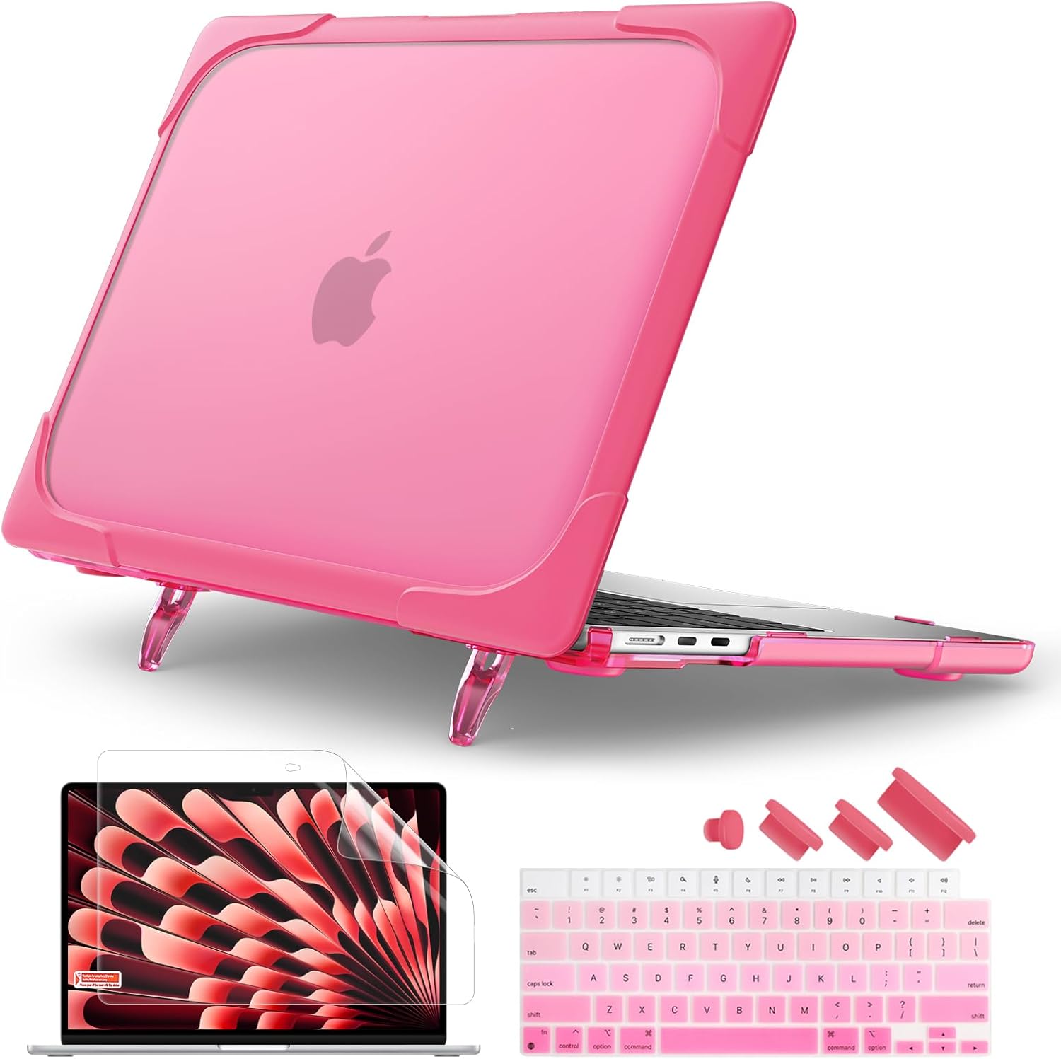 Batianda Heavy Duty Case for MacBook Air 15 inch 2026 M5 2025 M4 2024 2023 Release Model A3448/A3241/A3114/A2941, Ergonomic Foldable Kickstand (Holds 22lbs) Matte Translucent Shockproof Cover, Pink