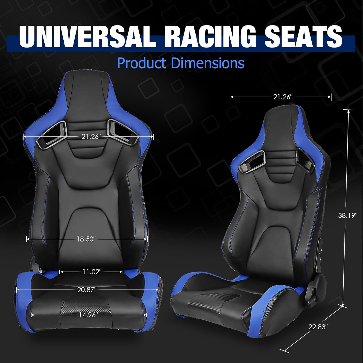 FREEMOTOR802 Racing Seats with Dual Lock Sliders, Universal For Most Cars Vehicles First Row, 1 Pair Reclinable Sport Bucket Seats, PU Carbon Fiber Look Leatherette, Black Blue