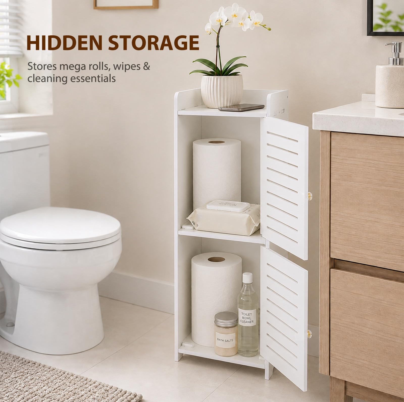 powerking Armadietto portaoggetti da bagno a 2 livelli, organizer indipendente con ante, bianco, impermeabile, per camera da letto, WC, soggiorno, cucina, balcone, ufficio