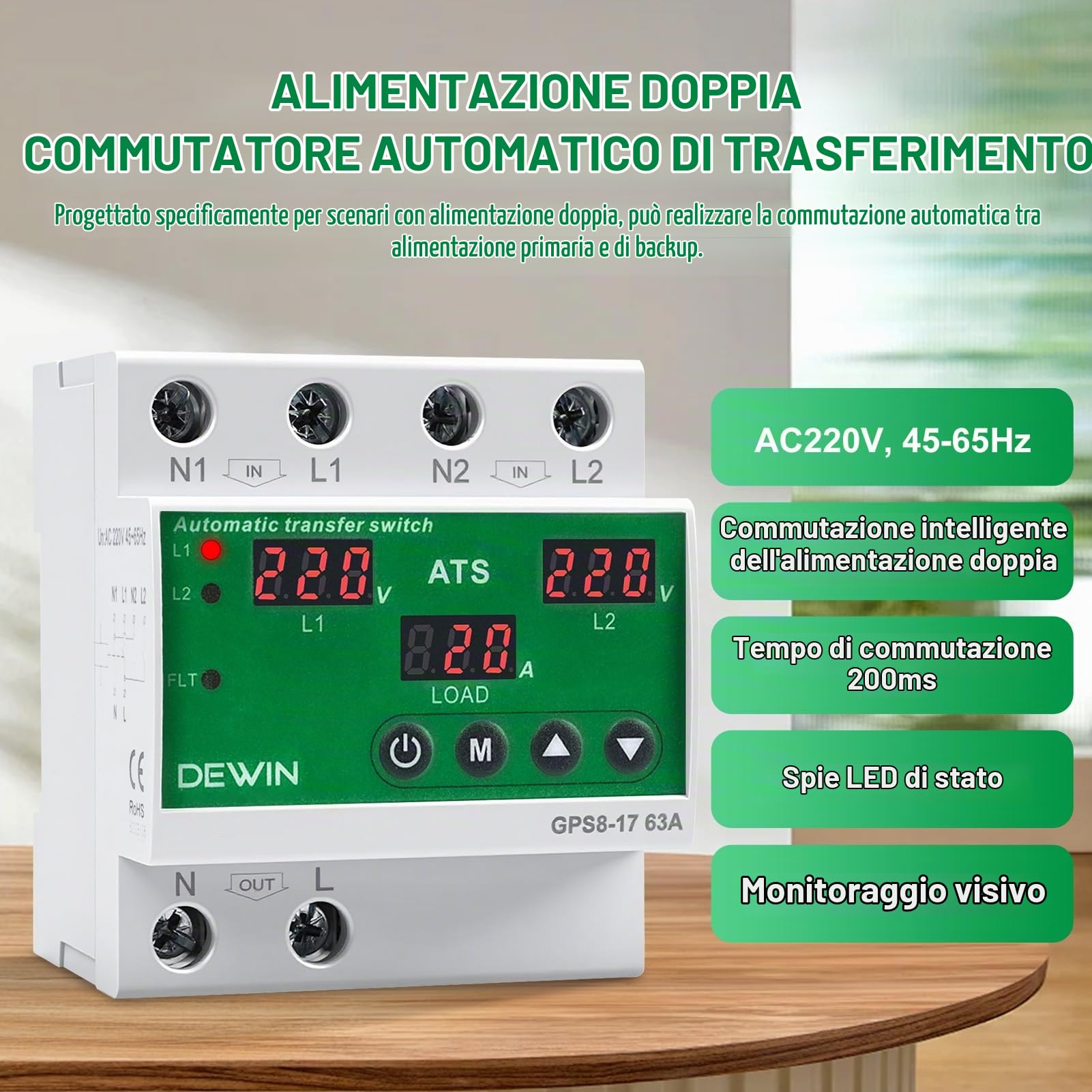 Commutatore di Rete Automatico,ATS 63A AC220V Interruttore di Trasferimento | Interruttore di Trasferimento Automatico con Display LED,Protezione da Sovratensione e Sottotensione Regolabili （GPS8-17）