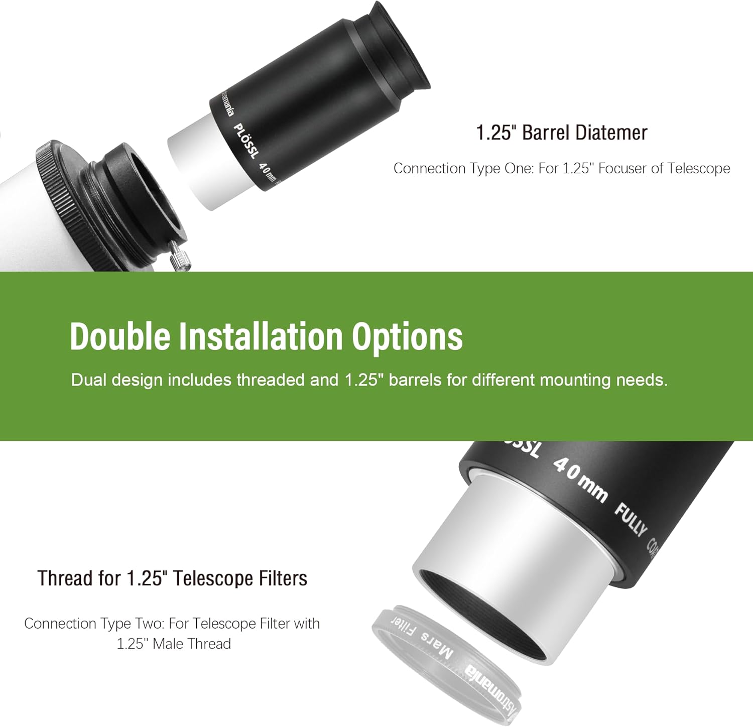 Astromania 40mm 1.25 Inch Plossl Telescope Eyepiece - Bundle with - Alignment 1.25" Laser Collimator
