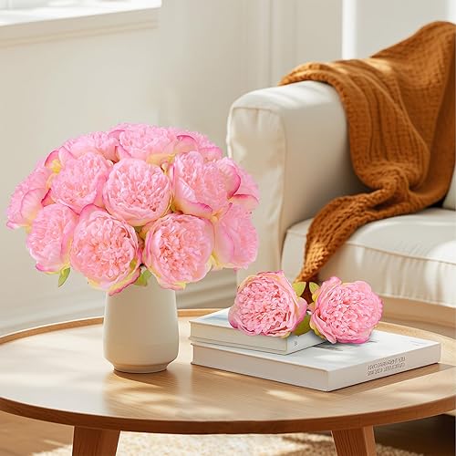 Miniatura 8 de U'Artlines 2 Ramos 10 Cabezas Flor de Peonía de Seda Artificial Hoja Hogar Oficina Boda Fiesta Festival Bar Decoración (Rosa)