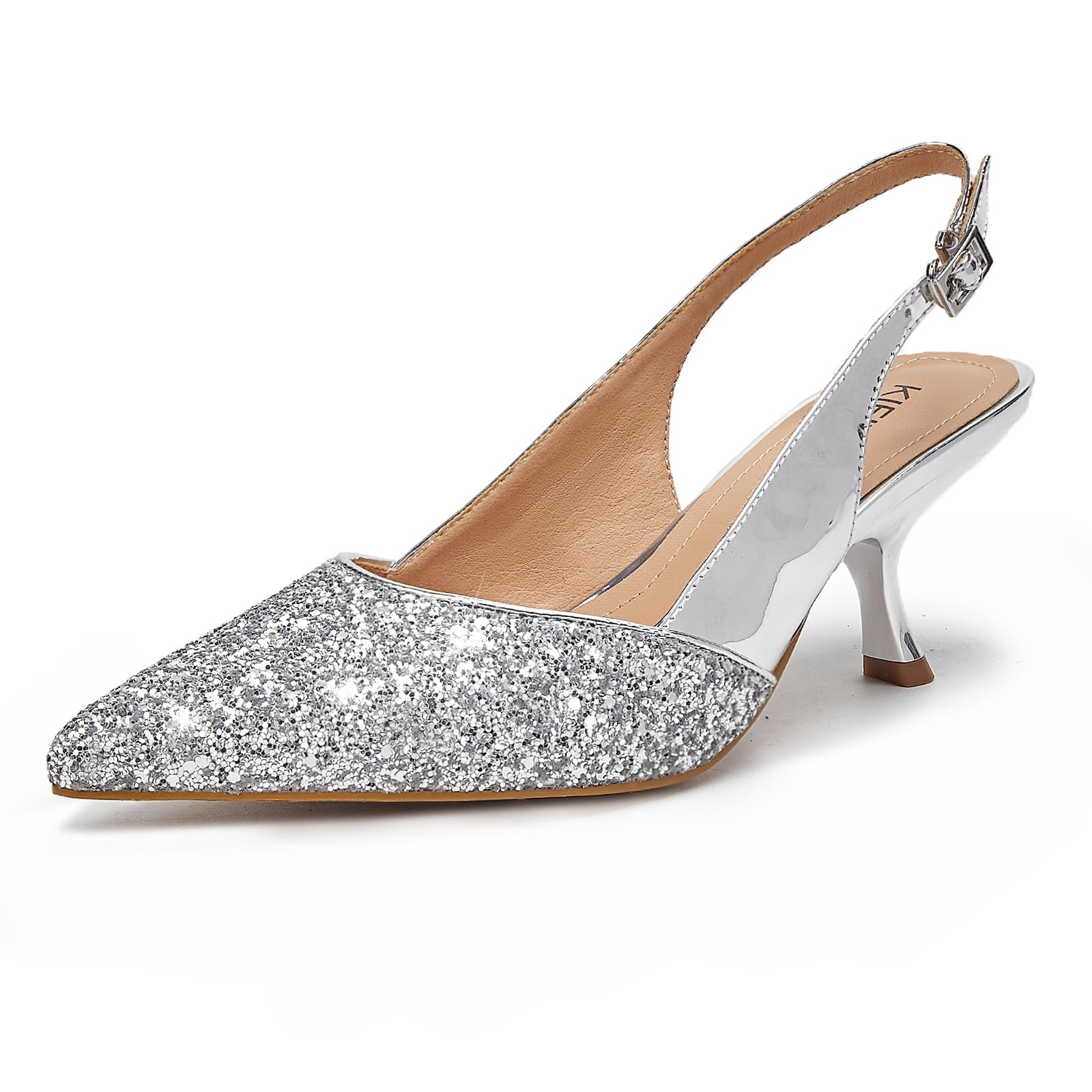 Slingback Kitten Heels for Women Closed Pointed Toe Low Heel Pumps Glitter Sparkly Rhinestone Heels