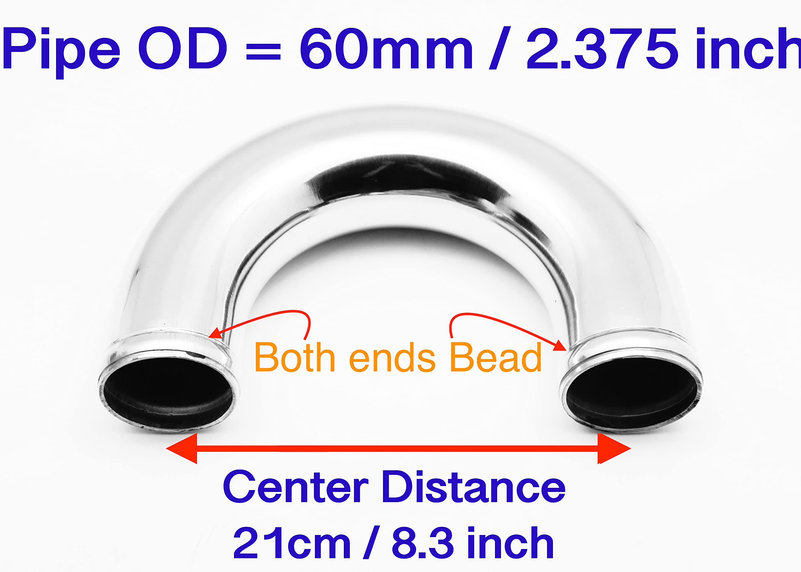 Autobahn88 Tubo in lega di alluminio, 180 gradi, DE= 2,36" (60 mm), L 12" (300 mm), lucidato lucido, per tubazioni automobilistiche