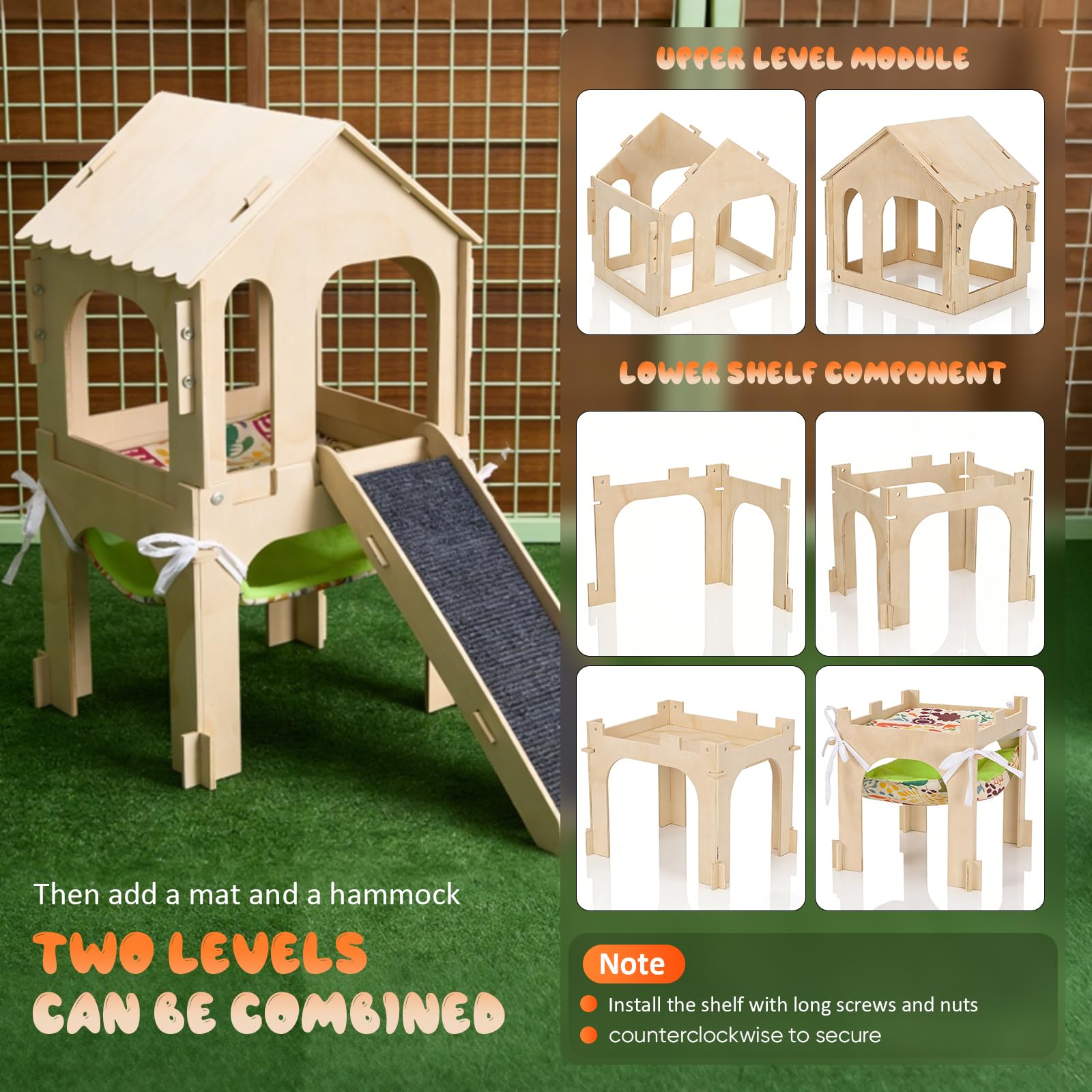 Casa per porcellino d'india in legno 3 in 1 con rampa, amaca e piattaforma | Accessori per porcellini d'india su 2 livelli per gabbie, meerschweinchen zubehoer con tessili lavabili
