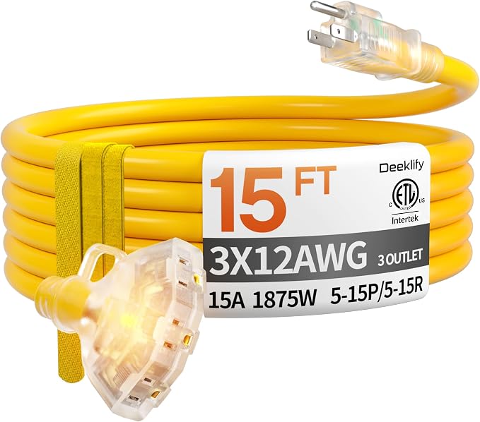 15 FT 12 Gauge Heavy Duty Extension Cord with Multiple Outlets | 15 Feet 3 Outlet Yellow Extension Cord Heavy Duty, Indicator, Flexible Waterproof SJTW, 15A 1875W, ETL Listed, Home/Garden