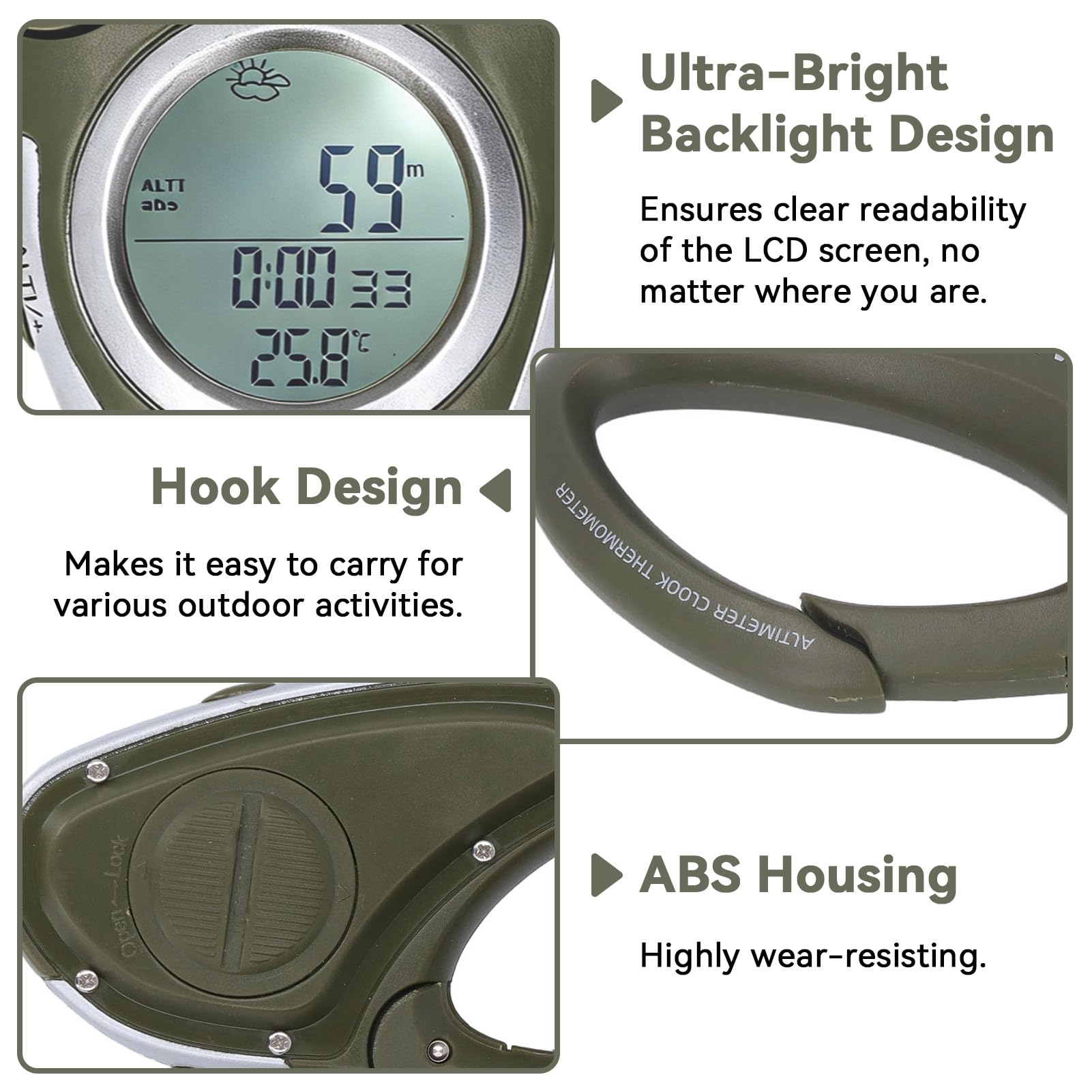 HERCHR Digital Höhenmesser tragbarer digitaler Kompass -Wanderwanderungs -Thermometer Hintergrundhöhe Altimeter Barometer Multi -Funktion zum Wandercamping im Freien im Freien