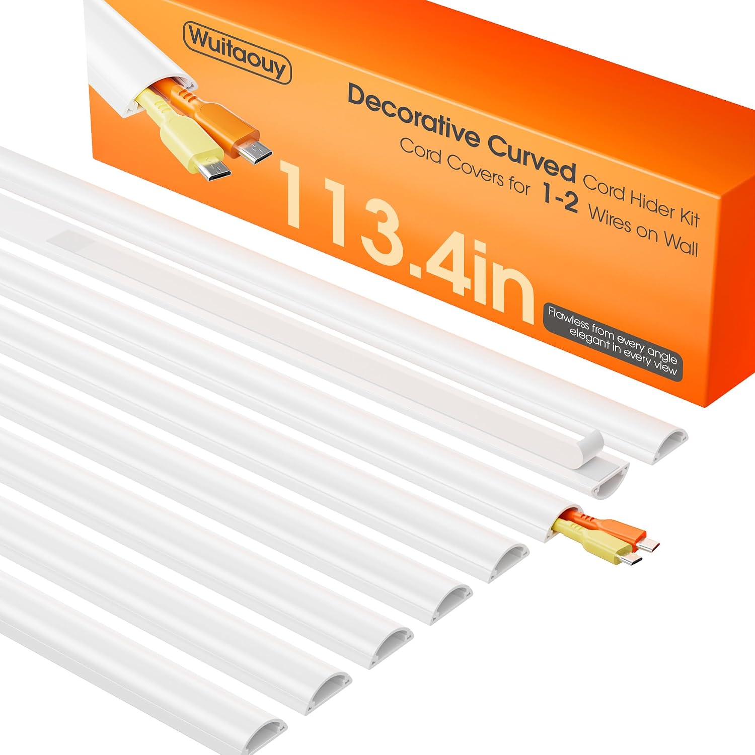 113.4in Cord Hider Wall, Cord Covers for 1-2 Wires on Wall, Self-Adhesive Cable Hider Wire Covers for Cords on Wall, Paintable Tv Cord Hider, Curved Decorative Cable Concealer, W1.18 H0.43in, White