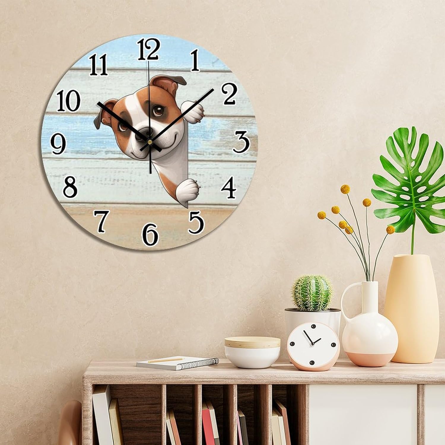 Staffordshire Bull Terrier Wall Clock 15 Inch Silent Non Ticking Clock PVC Dog Peeking Around Corner Wall Clock Battery Operated Rustic Farmhouse Wall Clock Decor for Kitchen Bedroom