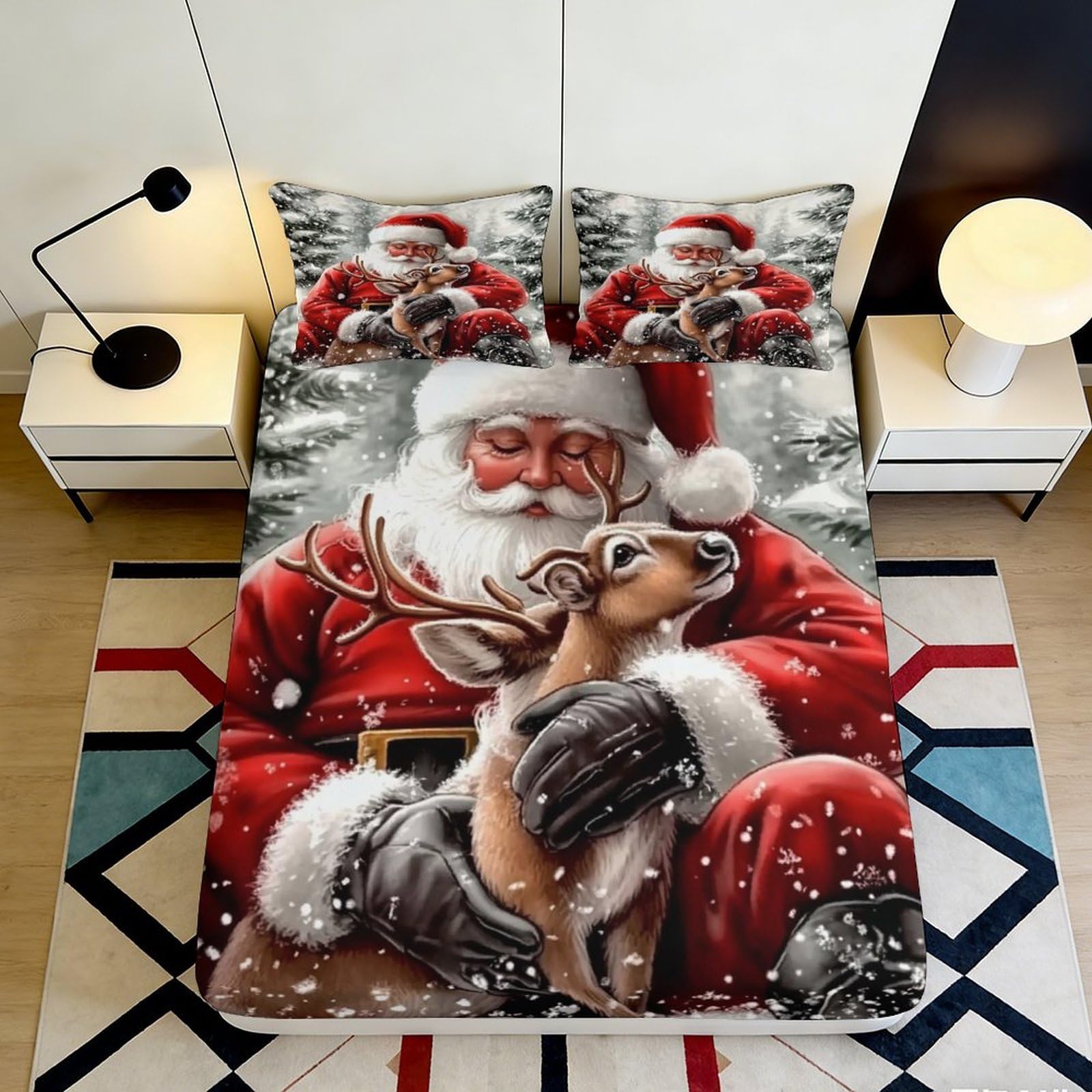 3D Printed Christmas Santa Reindeer Fitted Sheet Microfiber Red Snow Bed Cover for Bedroom Guest Room Mattress Protection 140x200x25cm