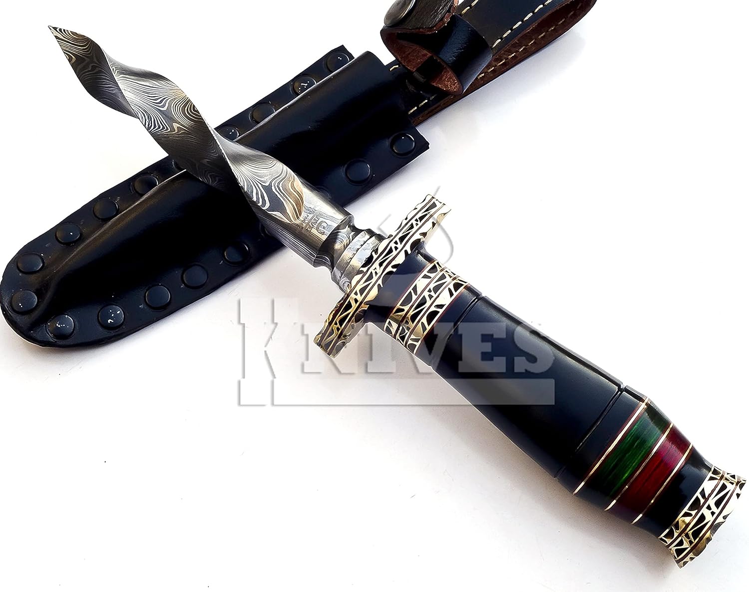 10.5" Hand-made Damascus Steel blade Collectible Kris Handle Blue Pakka Wood with brass clip or brass pommel (black)