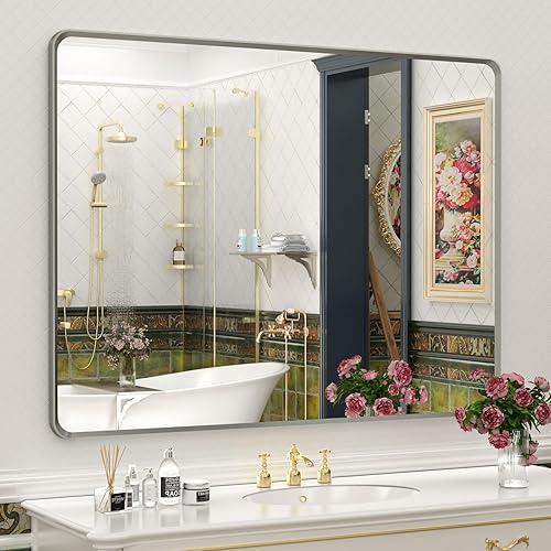 Miniatura 70 de OKPAL Espejo de Baño con Marco de Metal Negro de 40 x 36 Pulgadas para Pared, Espejo de Tocador de Baño Negro Mate, Espejo Rectangular Redondeado