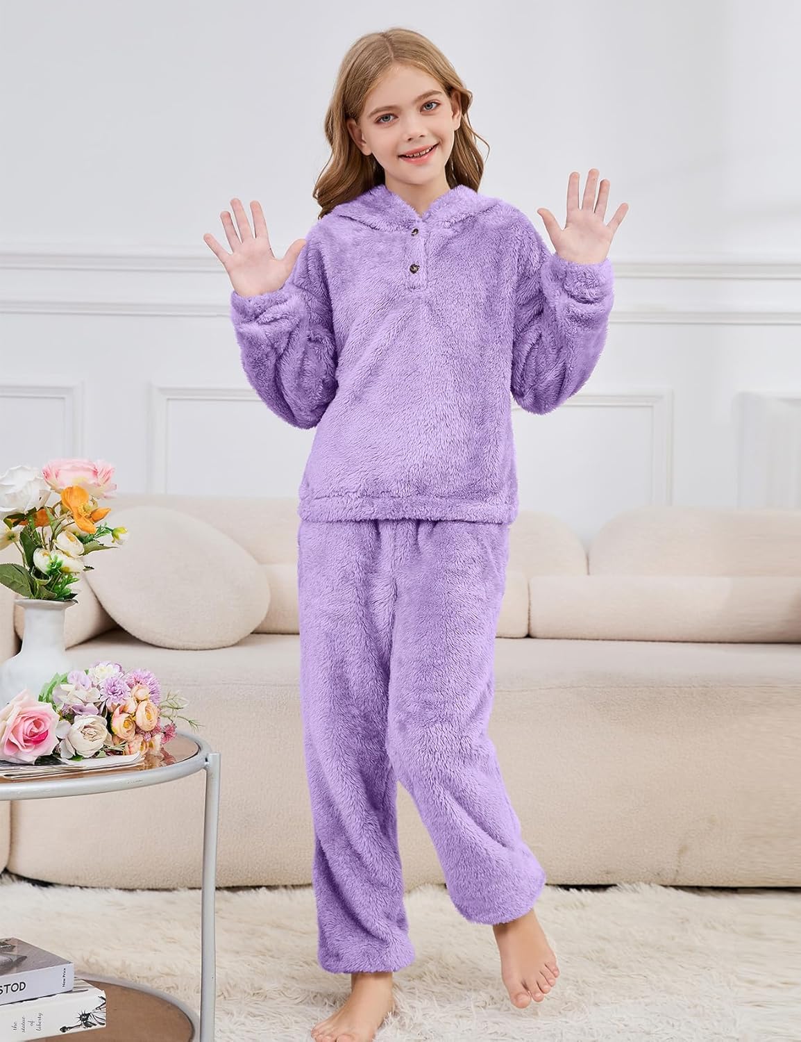 Kissonic Girls Fuzzy Pants Set Two Pieces Outfit Bear Ear Fluffy Hoodie Sweatshirt and Sweatpant Kids Clothing Sets - Image 5