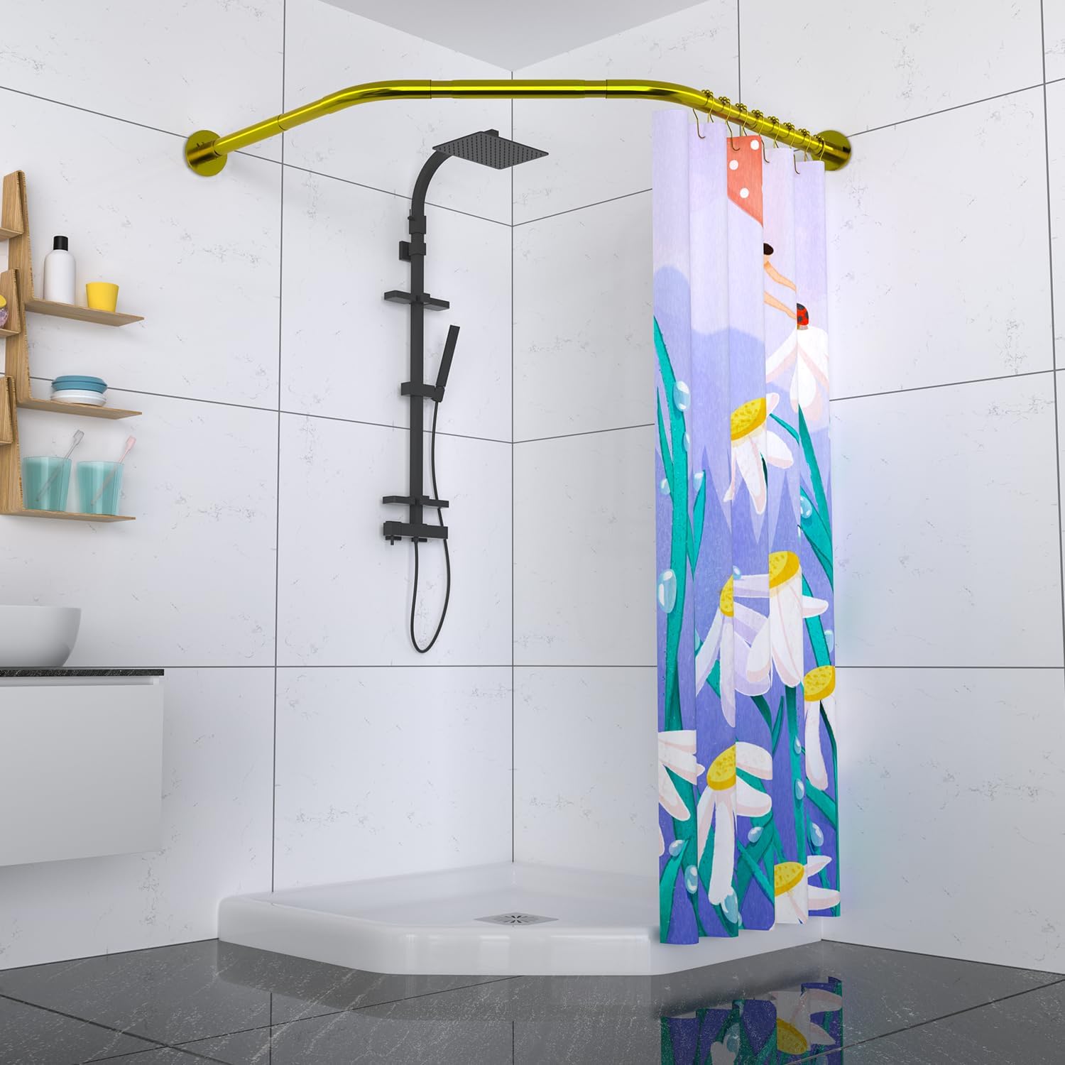 Corner Shower Curtain Rod Adjustable Stainless Steel Diamond Shaped Rack Drill Free Install for Bathroom, Bathtub, Clothing Store (Diamond Shaped Gold, Both Sides: 17"-25.6",Middle:20"-26)